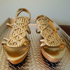 Braided, strappy wedge sandals